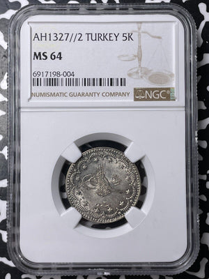 AH 1327 Year 2 (1910) Turkey 5 Kurus NGC MS64 Lot#G9467 Silver! Choice UNC!