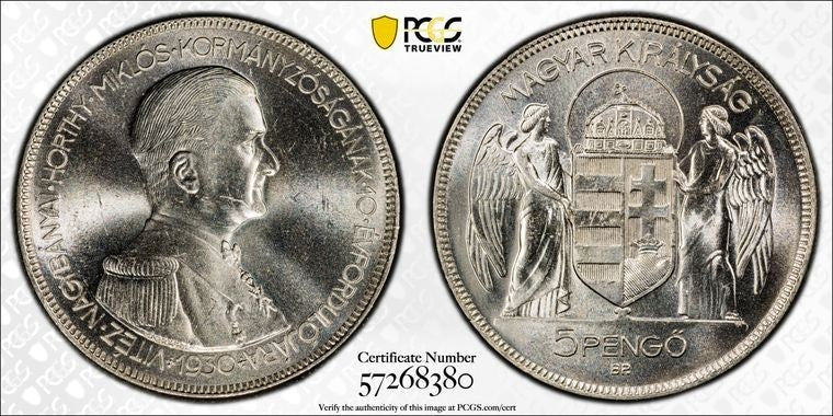1930-BP Hungary 5 Pengo Restrike PCGS PR63 Lot#G778 Silver! Proof! KM#512.2