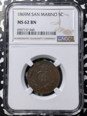 1869-M San Marino 5 Centesimi NGC MS62BN Lot#G8989 Nice UNC !