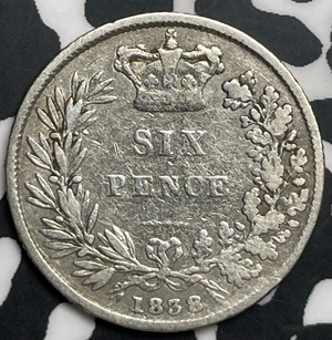 1838 Great Britain 6 Pence Sixpence Lot#T9846 Silver! Old Cleaning
