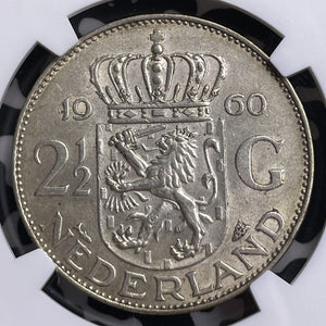 1960 Netherlands 2 1/2 Gulden NGC AU58 Lot#MK114 Silver!