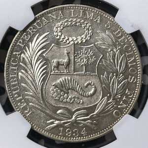 1934 Peru 1 Sol NGC AU58 Lot#G9011 Large Silver!