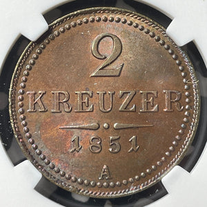 1851-A Austria 2 Kreuzer NGC MS64RB Lot#G8788 Choice UNC! Beautiful Toning!