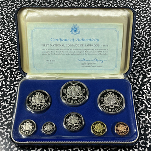 1973 Barbados 8x Coin Proof Set Lot#B2192 Including Silver! With Case & C.O.A