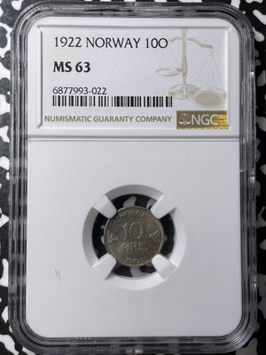 1922 Norway 10 Ore NGC MS63 Lot#G7059 Choice UNC!