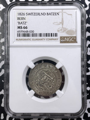 1826 Switzerland Bern 1 Batzen NGC MS66 Lot#G9105 Silver! Gem BU!