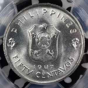 1947-S Philippines MacArthur 50 Centavos PCGS MS65 Lot#G9193 Silver! Gem BU!