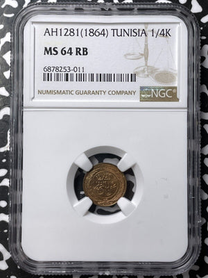 AH 1281 (1864) Tunisia 1/4 Kharub NGC MS64RB Lot#G7222 Choice UNC!