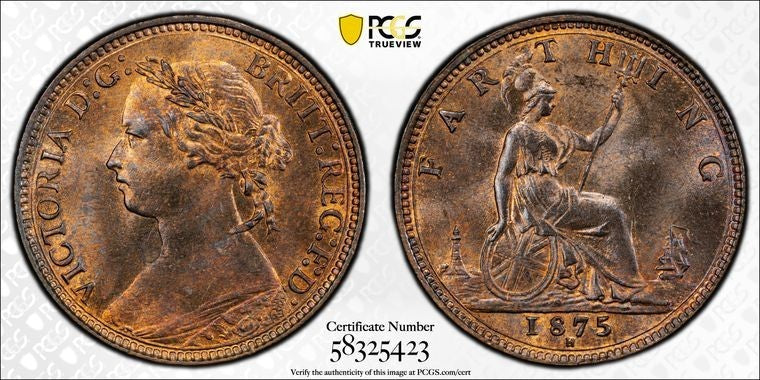 1875-H Great Britain Victoria Farthing PCGS MS65RB Lot#G3595 Gem BU! S-3959