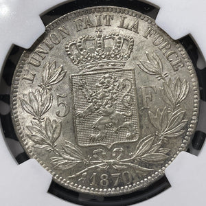 1870 Belgium 5 Francs NGC MS62 Lot#G8801 Large Silver! Nice UNC!