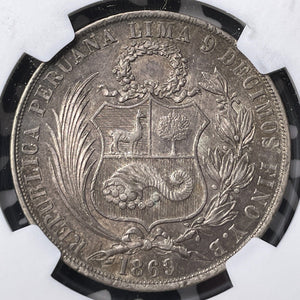 1869-YB Peru 1 Sol NGC AU58 Lot#G9015 Large Silver! Arabic '1'