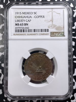 1915 Mexico Chihuahua 5 Centavos NGC MS63BN Lot#G9159 Choice UNC!