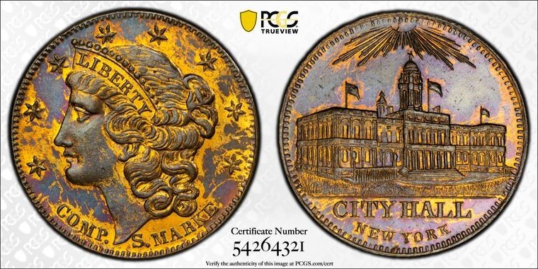 U/D U.S. NY City Hall Spiel-Marke Gaming Brass Token PCGS MS62 Lot#G1691 27.6mm