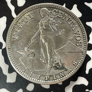 1907 U.S. Philippines 50 Centavos Lot#T5220 Silver! Beautiful Detail, Cleaned