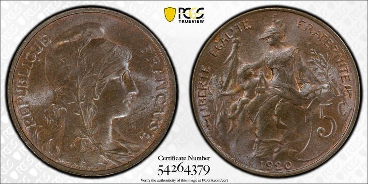 1920 France 5 Centimes PCGS MS65BN Lot#G1774 Top Graded! KM#342, Gad-165, F#119