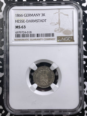 1866 Germany Hesse-Darmstadt 3 Kreuzer NGC MS63 Lot#G9135 Choice UNC!