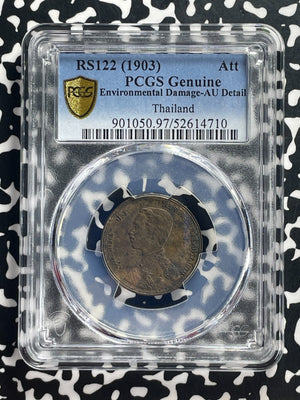 RS 122 (1903) Thailand 1 Att PCGS Environmental DMG-AU Detail Lot#G725 Key Date!