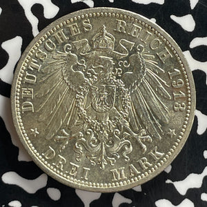 1913-A Germany Prussia 3 Mark Lot#T7749 Silver! High Grade! Beautiful! KM#535