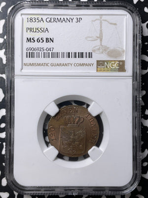 1835-A Germany Prussia 3 Pfennig NGC MS65BN Lot#G8905 Gem BU! Solo Top Graded!