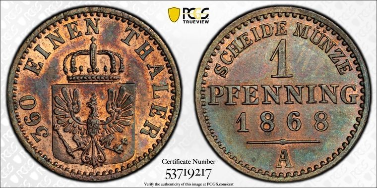 1868-A Germany Prussia 1 Pfennig PCGS MS64RB Lot#G3663 Choice UNC!