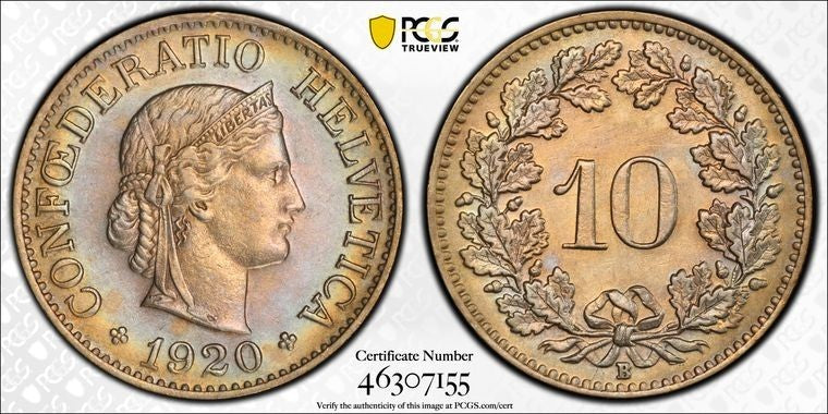 1920-B Switzerland 10 Rappen PCGS MS62 Lot#G2013 Nice UNC!