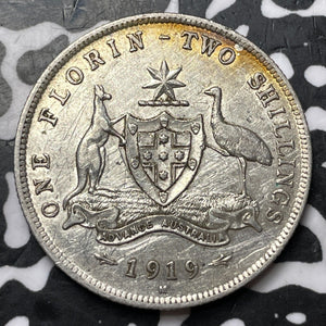 1919-M Australia 1 Florin Lot#JM7224 Silver! Nice Detail, Old Cleaning