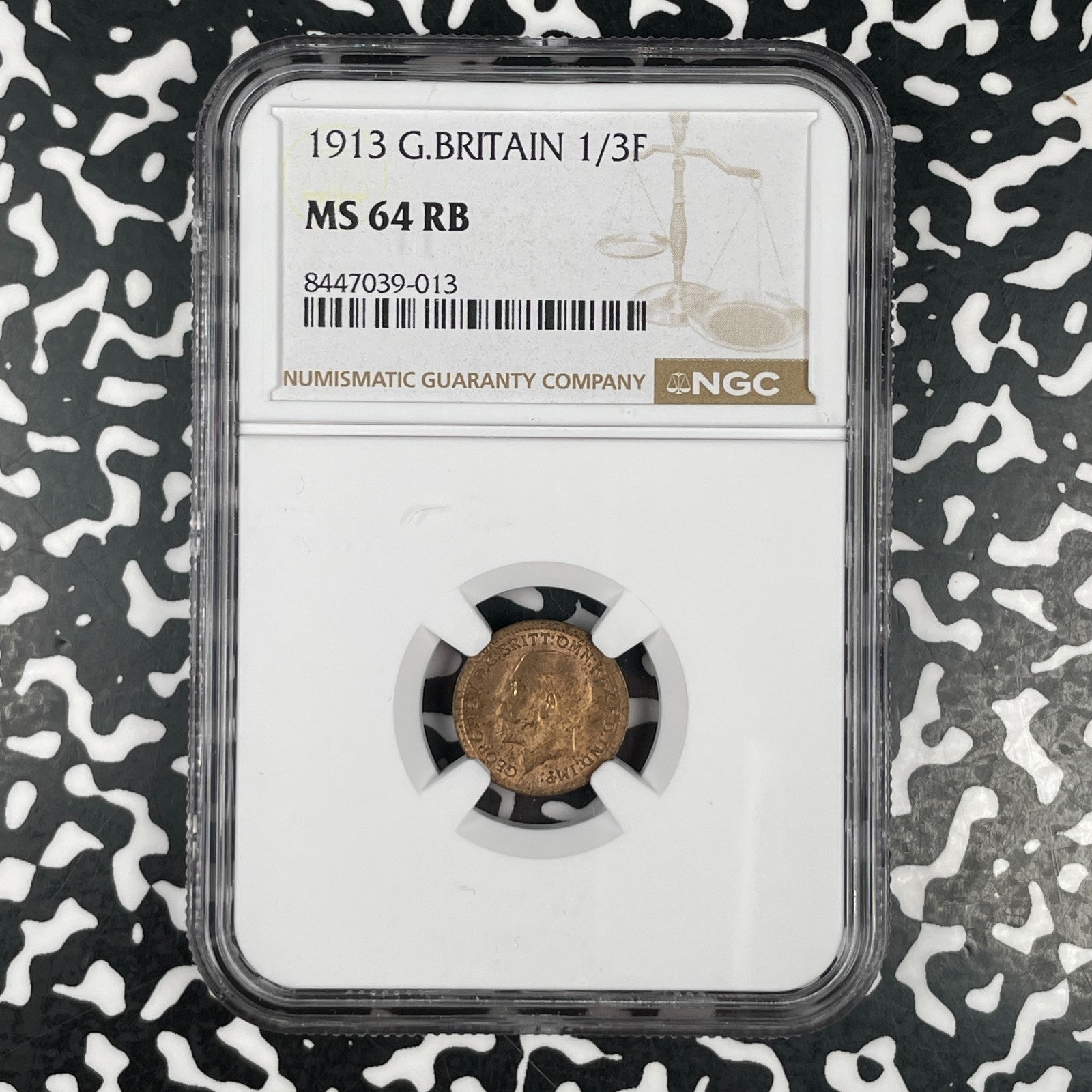 1913 Great Britian 1/3 Farthing NGC MS64RB Lot#G3508 Choice UNC!