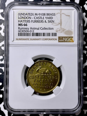U/D G.B. London Sennett Bros Hatters, Furriers, & Skin Token NGC MS66 Lot#G9815