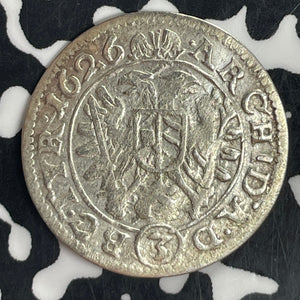 1626 Austria 3 Kreuzer Lot#T8177 Silver! Nice Detail, Old Cleaning, KM#256