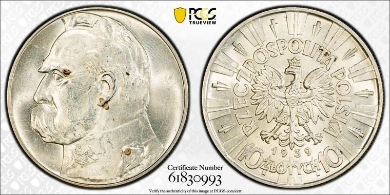 1939-(W) Poland 10 Zlotych PCGS MS63 Lot#G3529 Silver! Choice UNC! KM#29