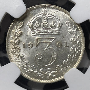 1901 Great Britain Maundy 3 Pence Threepence NGC MS62 Lot#G7496 Silver! Nice UNC