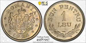 1924 Romania Poissy 1 Leu PCGS MS64 Lot#G8123 Choice UNC!