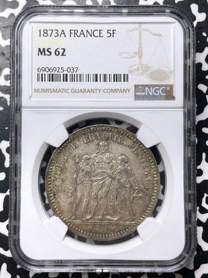 1873-A France 5 Francs NGC MS62 Lot#G8895 Large Silver! Nice UNC!