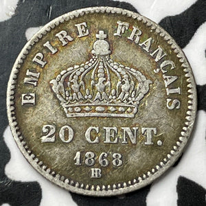 1868-BB France 20 Centimes Lot#E0060 Silver! Nice! Better Date