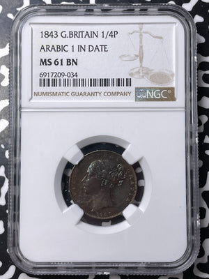 1843 Great Britain Victoria Farthing NGC MS61BN Lot#G9596 Nice UNC! Arabic '1'