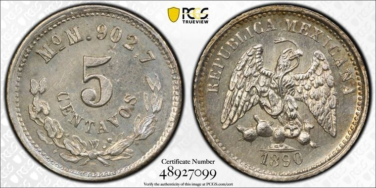 1890-Mo M Mexico 5 Centavos PCGS MS64 Lot#G2064 Silver! Choice UNC!