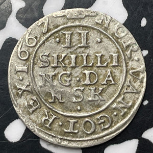 1667 Denmark 2 Skilling Lot#E9568 Silver!