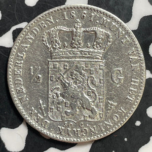 1861 Netherlands 1/2 Gulden Half Gulden Lot#T1349 Silver! Old Cleaning