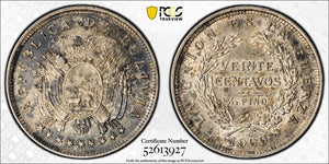 1909-H Bolivia 20 Centavos PCGS AU58 Lot#G919 Silver!