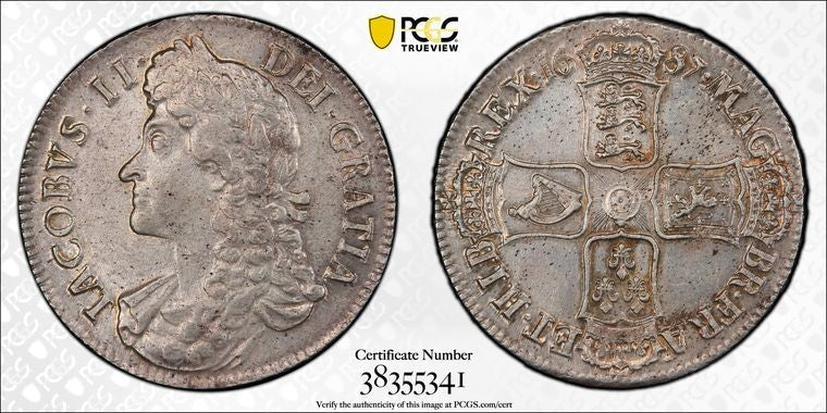 1687 Great Britain James II 1 Crown PCGS MS62 Lot#G4125 Large Silver! S-3407