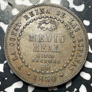 1850 Spain 1/2 Real Lot#JM8494 High Grade! Beautiful! KM#591.3