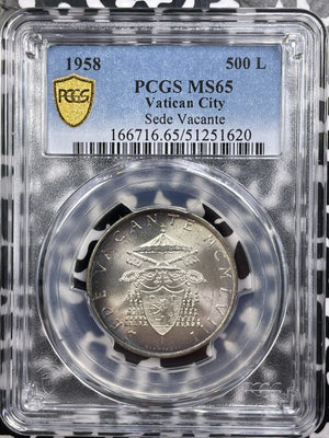 1958 Vatican City 500 Lire PCGS MS65 Lot#G9207 Silver! Gem BU! Beautiful Toning!