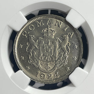 1924-(Brussels) Romania 2 Lei NGC MS64 Lot#G829 Choice UNC! No Privy Marks