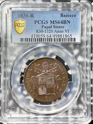 1836-R Papal States 1 Baiocco PCGS MS64BN Lot#G8241 Choice UNC! KM#1320