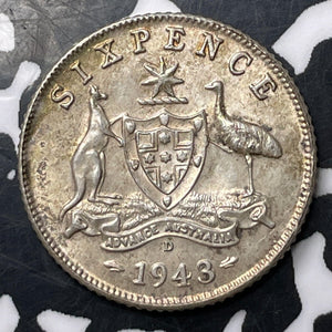 1943-D Australia 6 Pence Sixpence Lot#E9482 Silver! High Grade! Beautiful!