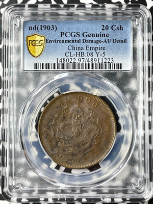 (1903) China 20 Cash PCGS Environmental Damage-AU Detail Lot#G7302 CL-HB#.8, Y-5