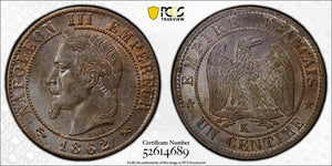 1862-K France 1 Centime PCGS MS64BN Lot#G692 Top Graded! Gad-87, F#103