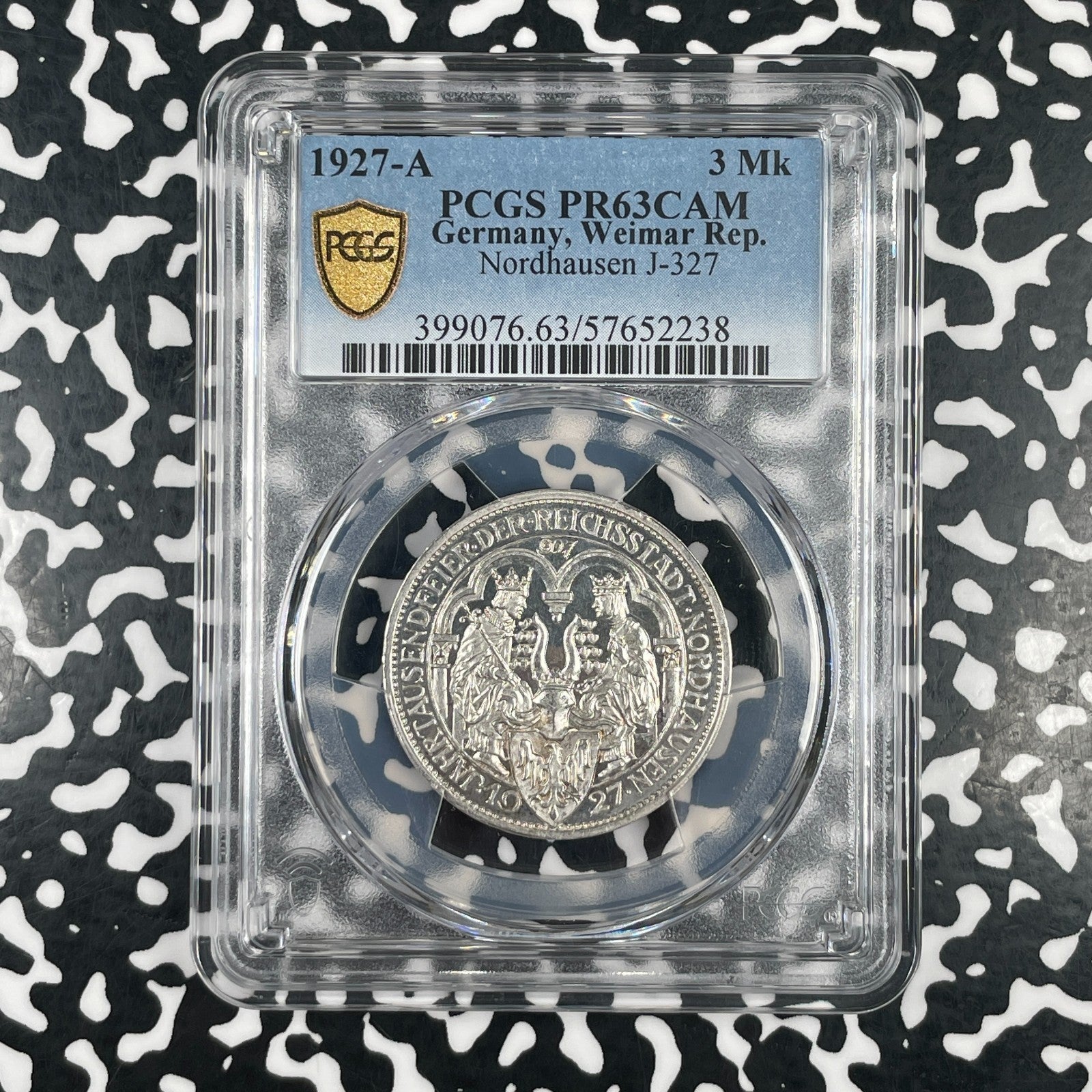 1927-A Germany Nordhausen 3 Mark PCGS PR63 CAM Lot#G4230 Silver! Proof! J-327