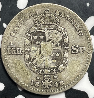 1848 Sweden 1/16 Riksdaler Lot#T9830 Silver!
