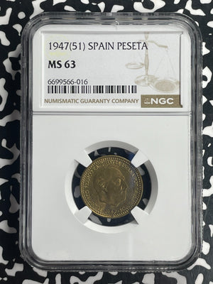1947 (51) Spain 1 Peseta NGC MS63 Lot#G830 Key Date! Choice UNC!
